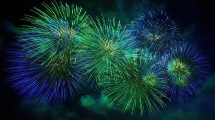 Vibrant Blue and Green Fireworks Display for New Year's Eve Celebration