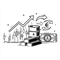 Black and white vector line graphic of commodity trading, featuring a stock chart, gold, oil barrel, and currency exchange.