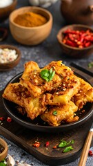 Crispy fried golden food, surrounded by colorful spices, arranged beautifully
