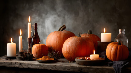 Festive Halloween Still Life with Pumpkins, Candles, and Atmospheric Lighting