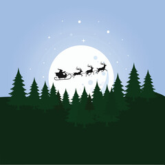 Santa Claus flies on Christmas Eve in the night sky with
