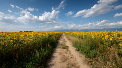 Dirt road through a vibrant sunflower field under a bright blue sky