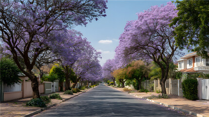 Lush purple jacaranda trees line a residential street under a blue sky