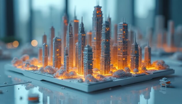 Modern city skyline architectural model many tall skyscrapers, urban buildings. Illuminated concept displays smart city design, future planning, advanced tech. Detailed miniature layout urban