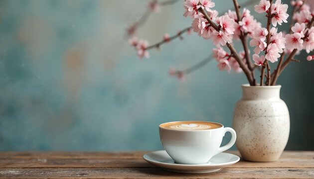 Cappuccino cup sits with blossom vase on wooden table. Latte art heart shape on coffee. Pink flower branches bloom. Cozy spring aroma indoors in morning light. Calm flatlay