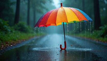 Fototapeta premium A vibrant umbrella sits on a wet road in rainy forest. Rainbow colored rain drops falling down. Nature scene with colorful sunshade during rain. Conceptual vibrant pic about weather.