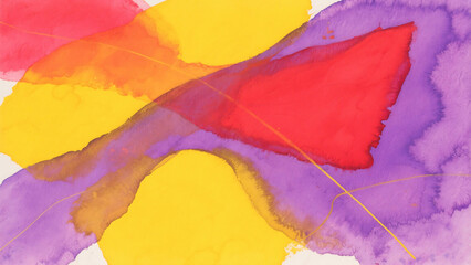 Abstract watercolor painting featuring red yellow and purple hues with thin gold lines crossing the paint