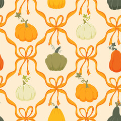 Seamless pattern pumpkins in Coquette preppy bows trellis for fall holidays, Thanksgiving textiles