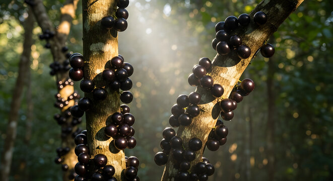 Close up of ripe black grapes hanging from a vine with blurred greenery background