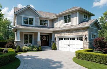 Spacious modern house features stone accents and a wide driveway. Rich green landscaping surrounds the two-story home with a prominent garage entrance and welcoming front porch.