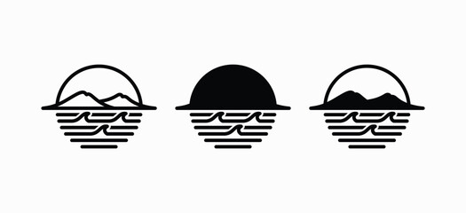 Vector illustration set of ocean wave logo designs with mountains and sun. Sunrise or sunset logo.