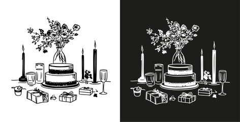 Wedding Card - minimalist hand drawn food and drink vector illustration. Wine, champagne glass, cheese, cake drawings for wedding invitations, menus and parties. Ink doodle sketch style