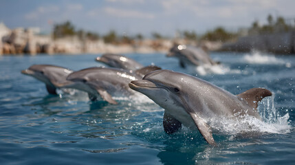 Naklejka premium a pod of dolphins swimming and jumping in the ocean water on a sunny day