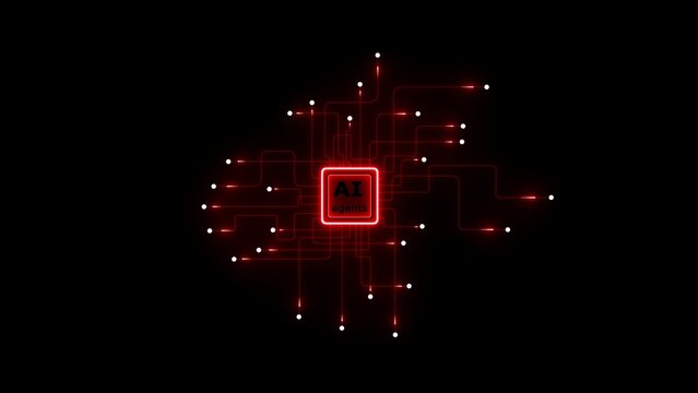 AI Agents Chip with Red Circuitry and Glowing Nodes on Black Background artificial intelligence processor