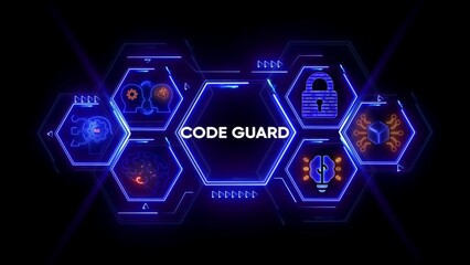 Code Guard Network with AI, Security, and Brain Icons in Neon Blue technology