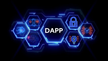 DAP Digital Concept with Hexagonal Network and Icons Representing Decentralization and Innovation DAPP
