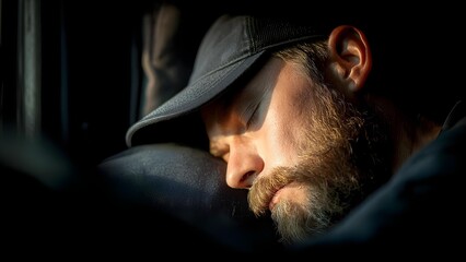 Bearded man wearing a black cap rests his head on a dark surface, eyes closed in a quiet, moody close-up. Concept Moody Close-Up, Bearded Man, Black Cap, Eyes Closed, Low-Key Lighting