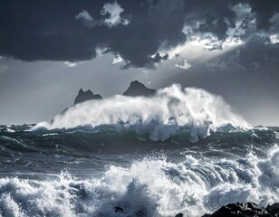 Dramatic seascape showing dark clouds, waves crashing on a rocky island