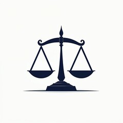Minimalist scale symbol stands for balance. Law scales in dark blue represent justice, equality. Symbol suitable for lawyer attorney company logo. Graphic courts, judgments, legal profession.