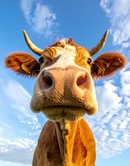 Curious bovine face, brown and white markings, looking up at the blue sky