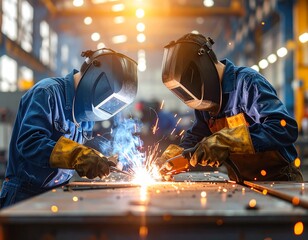 Two industrial welders in protective gear working together on a metal structure in a factory.