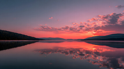 Stunning sunset over a tranquil lake with vibrant colors and reflections