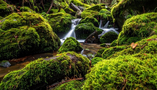 A tranquil stream meanders through verdant moss-covered rocks in a forest setting, creating a serene and natural landscape. Smooth water flows