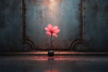 Soft pink flower in a black vase on a rustic metal background with scattered petals
