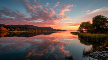 Stunning sunset over a tranquil lake with vibrant colors and reflections