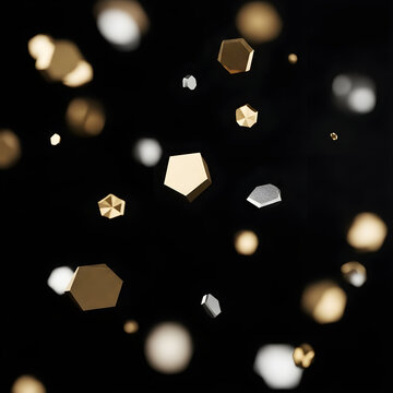 Abstract floating gold and silver geometric nanoparticles on a black background.