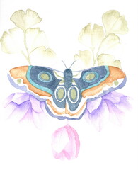 Elegant illustration of a blue butterfly surrounded by flowers. 