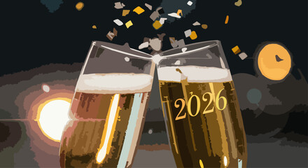Champagne Toast with 2026 Text and Confetti