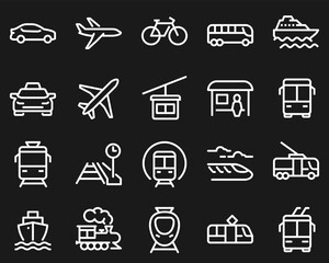 	
Simple set of public transport vector line icons. Contains such icons as Taxi, Train, Tram and more.	

