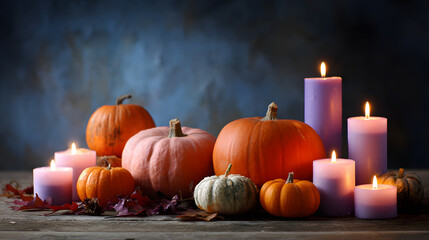 Autumnal pumpkin and candle arrangement on a rustic wooden surface