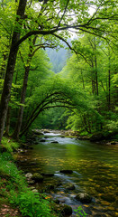 Fototapeta premium Vibrant Green Forest with Clear River and Natural Tree Arch
