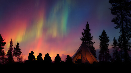 People watching the aurora borealis illuminate the night sky above a campsite
