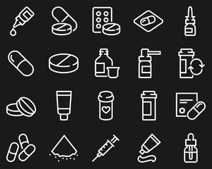Simple Set of Pills Related Vector Line Icons. Contains such icons as Gel, Inhaler, Prescription, Syrup and more.	