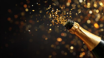 Champagne Bottle Opening with Sparkles and Festive Atmosphere