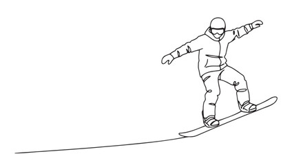 Minimalist black-and-white illustration of snowboarder balancing on slope. Perfect for winter sports, travel, and active lifestyle content. 