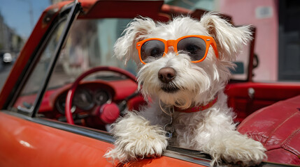 Cool dog in sunglasses enjoys a ride in a vintage red convertible