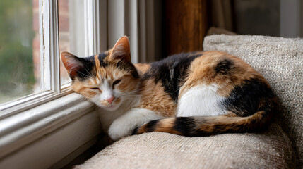 Calico cat resting by a window on a cozy cushion