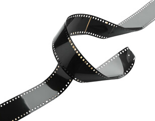 Curving strip of photographic film with sprocket holes against a black background