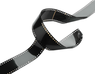 Curving strip of photographic film with sprocket holes against a black background