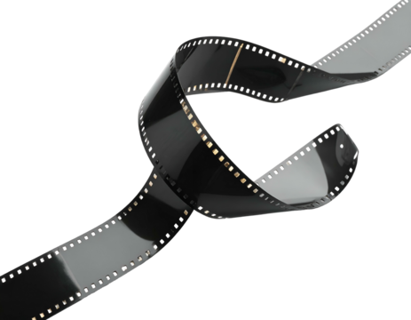 Curving strip of photographic film with sprocket holes against a black background - Powered by Adobe