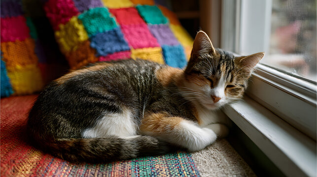 A peaceful calico cat resting on a windowsill, enjoying the sunlight - Powered by Adobe