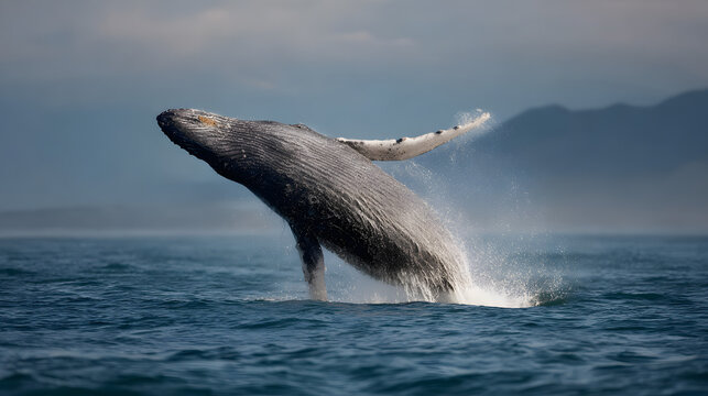 Humpback whale breaching the surface of the ocean in a stunning display of power