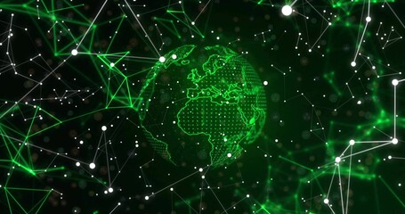 Hovering neon-green wireframe globe showing Europe, Africa in network with glowing mesh and nodes