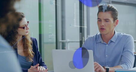 Explaining metrics presenter in blue shirt using laptop with chart overlays in office, copy space