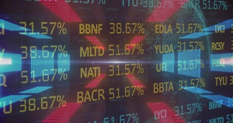 Central ticker codes and percents floating in dashboard with glitch arrows X shapes and lens flare