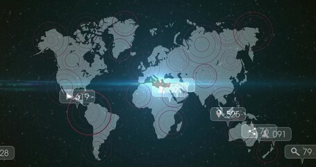 Showing world map with data on starfield interface and red circles, numeric labels and lens flare